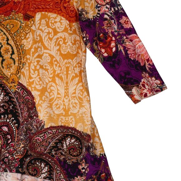 Chicos Tunic Shirt Womens 2 or L Brown Paisley Floral Boho Top 3/4 Sleeve - Picture 3 of 10